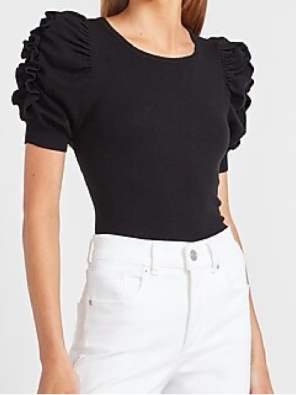 Catherine Malandrino Black Ribbed Knit Puff Sleeve Top Size Small
